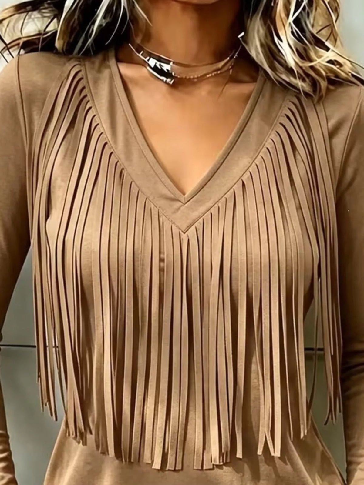 Fringe V-Neck Long Sleeve T-Shirt - Khaki - View 2
