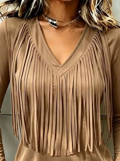 Fringe V-Neck Long Sleeve T-Shirt - Khaki - View 2