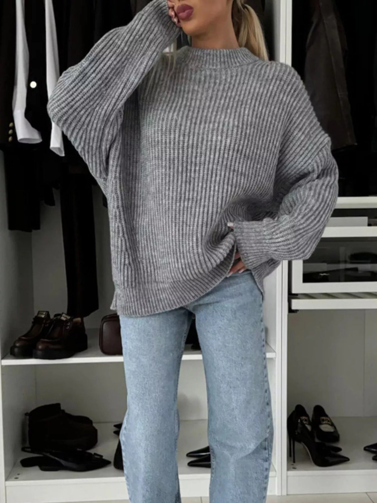 Ribbed Knit Crew Neck Sweater - Gray - View 3
