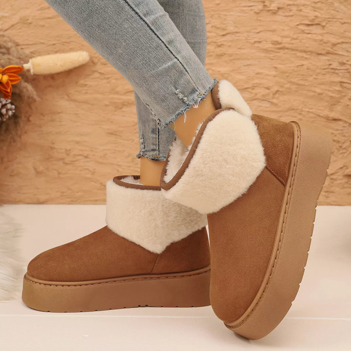 Round Toe Platform Boots - Camel - View 5