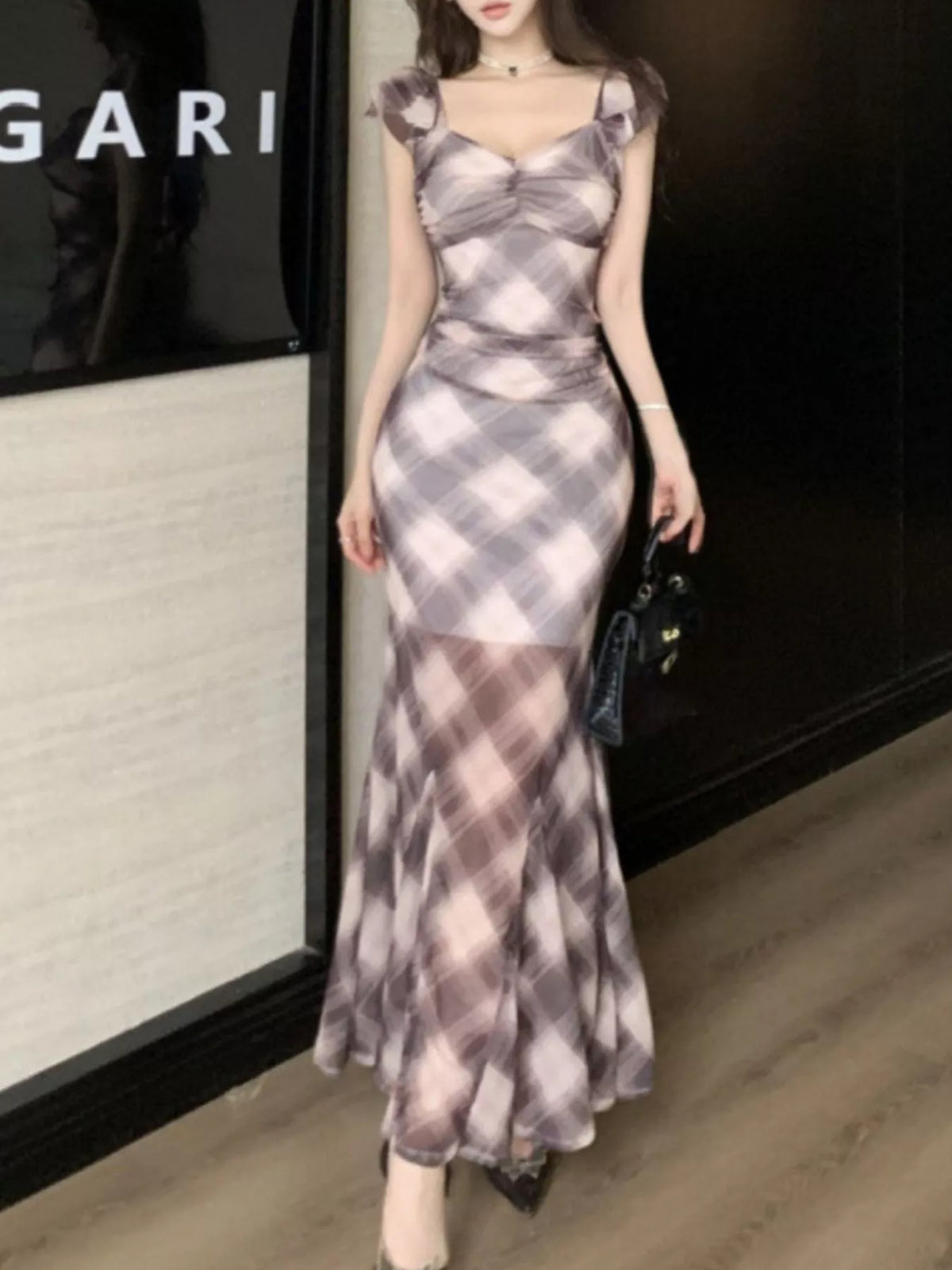 Plaid Ruffle Cap Sleeve Bodycon Maxi Dress - Brown - View 5