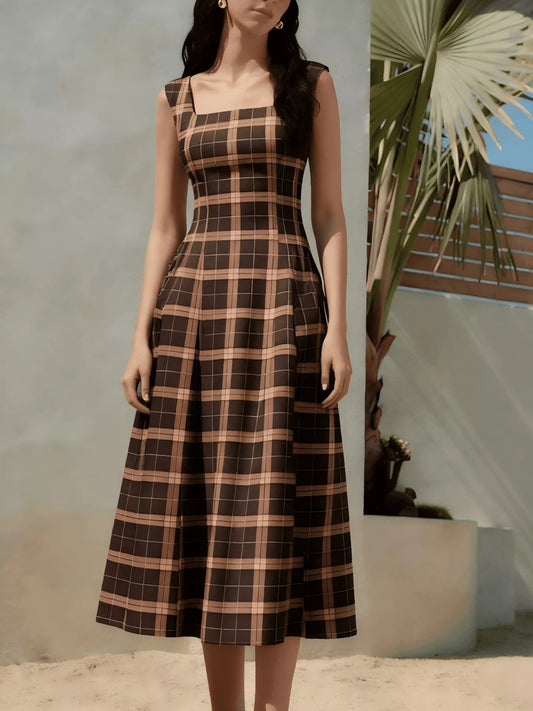 Square Neck Plaid Midi Dress - Brown - View 1
