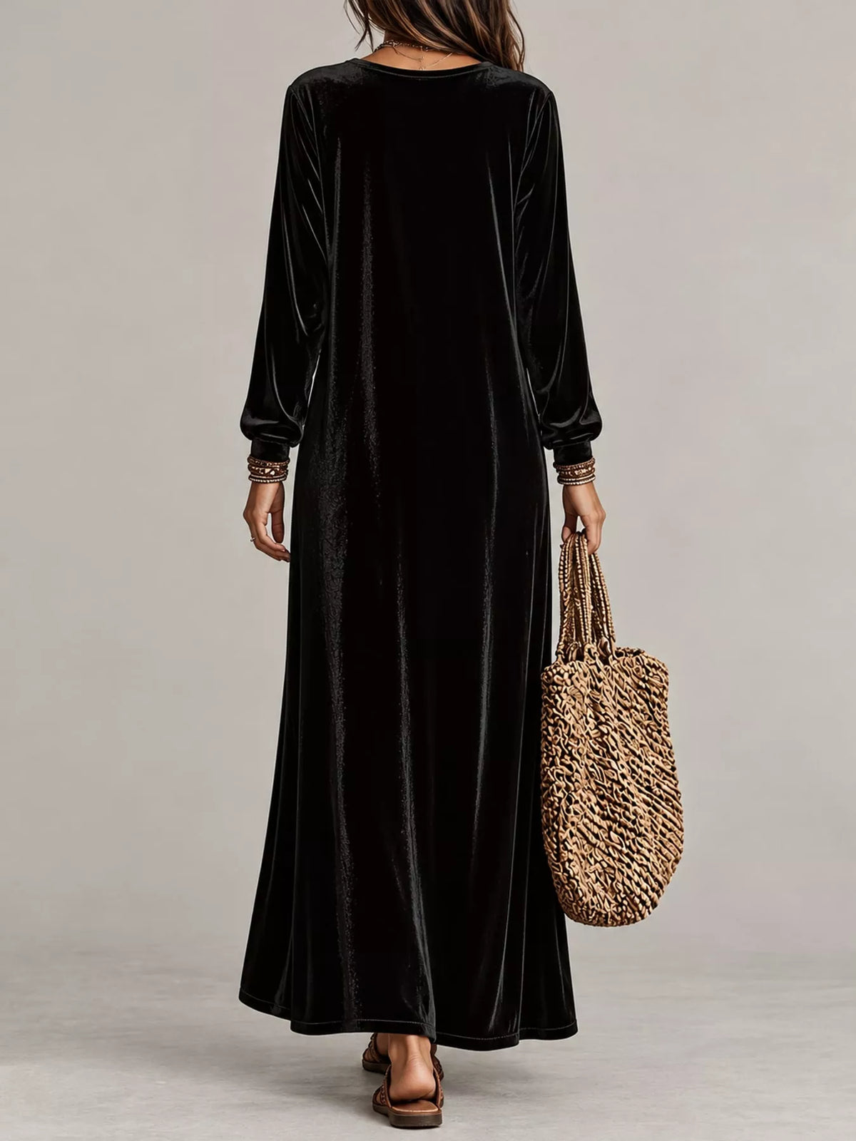 Velvet Long-Sleeve Maxi Dress - Black - View 8