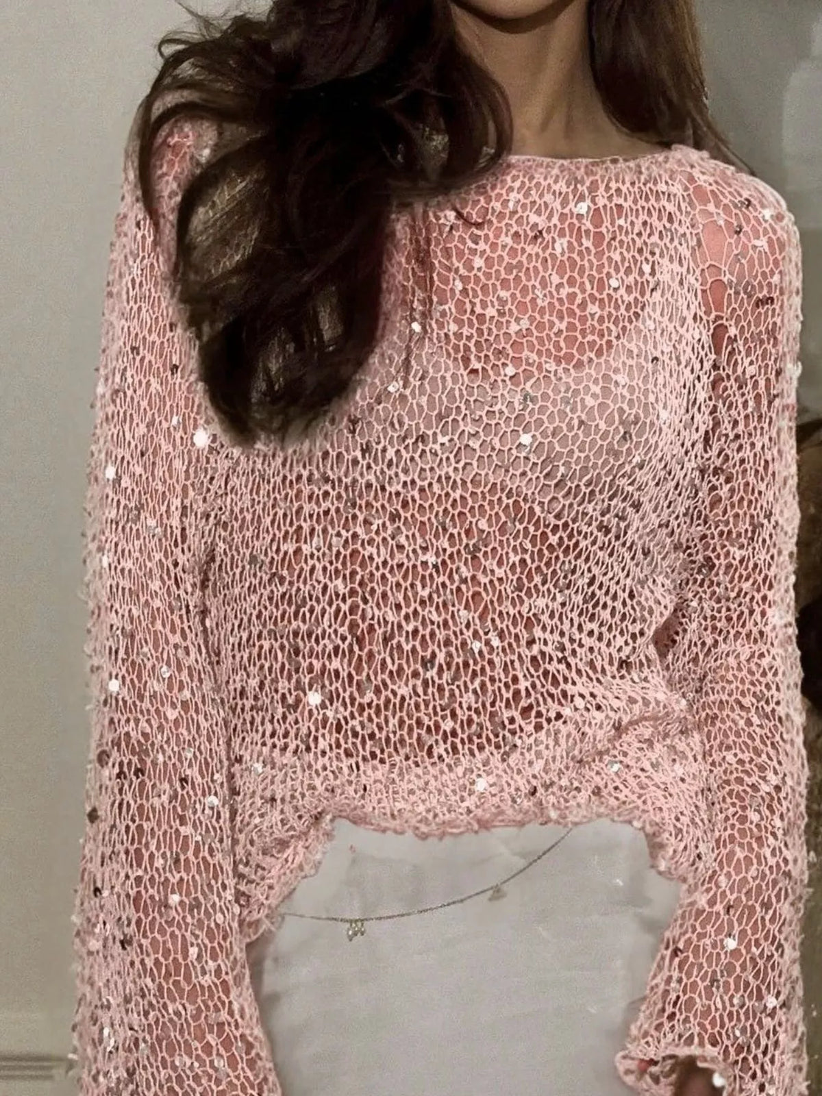 Sequin Long Sleeve Knit Cover Up - Pink - View 1