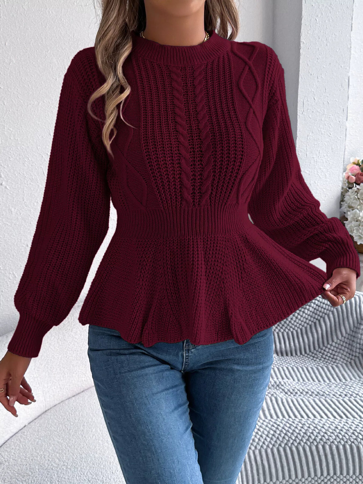Cable Knit Peplum Sweater - Burgundy - View 6