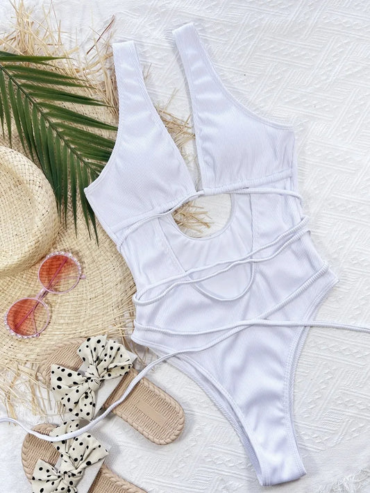 Ribbed Lace Up One-Piece Swimsuit - product photo 2