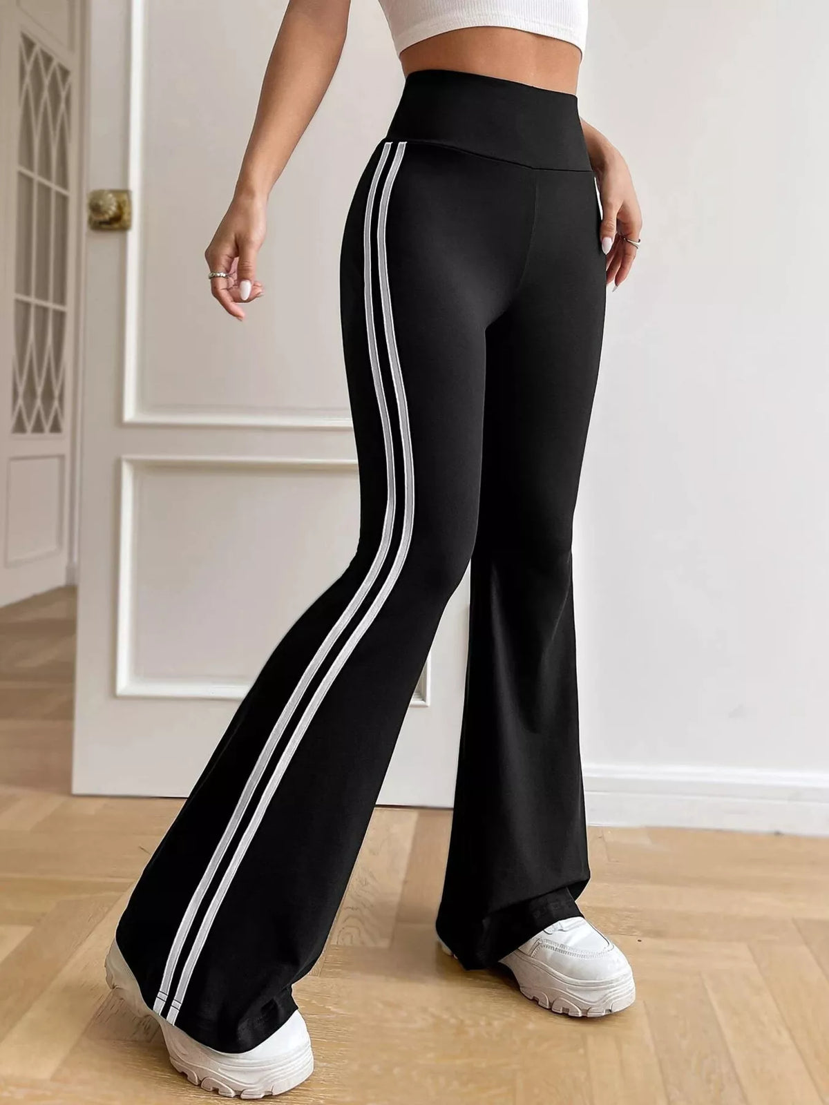 High-Waisted Side-Striped Flare Active Pants - Black and White Strips - View 2