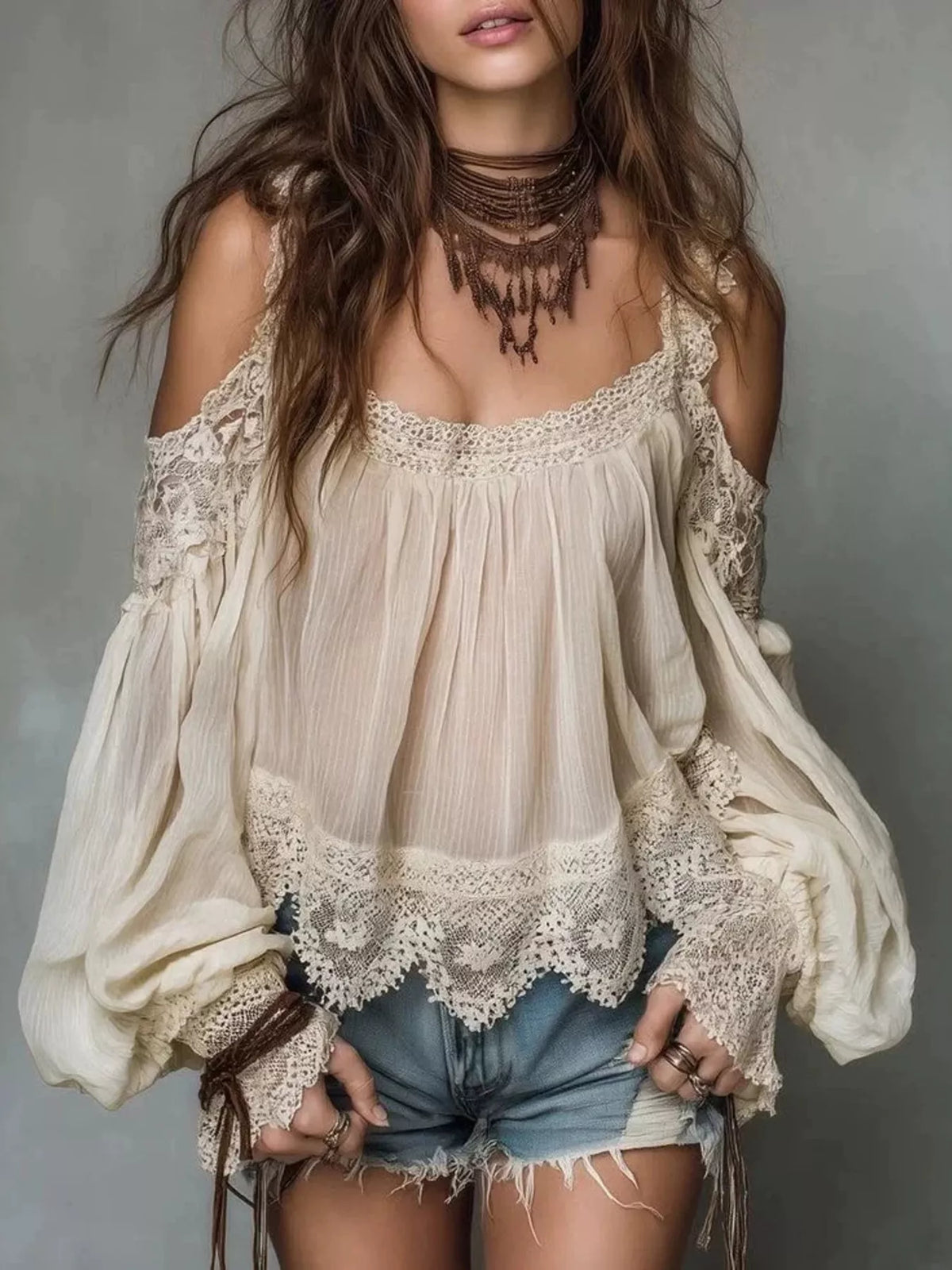 Lace Trim Cold Shoulder Blouse - Beige - View 1