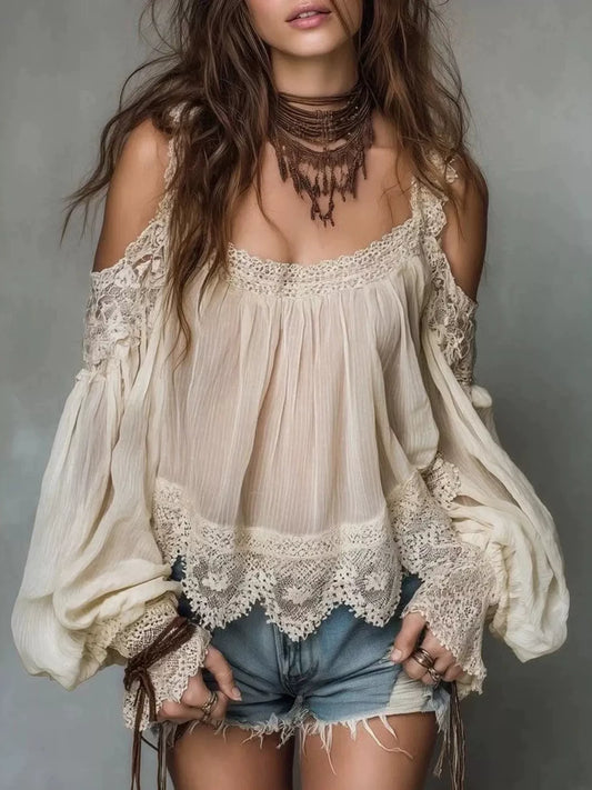 Lace Trim Cold Shoulder Blouse - Beige - View 1
