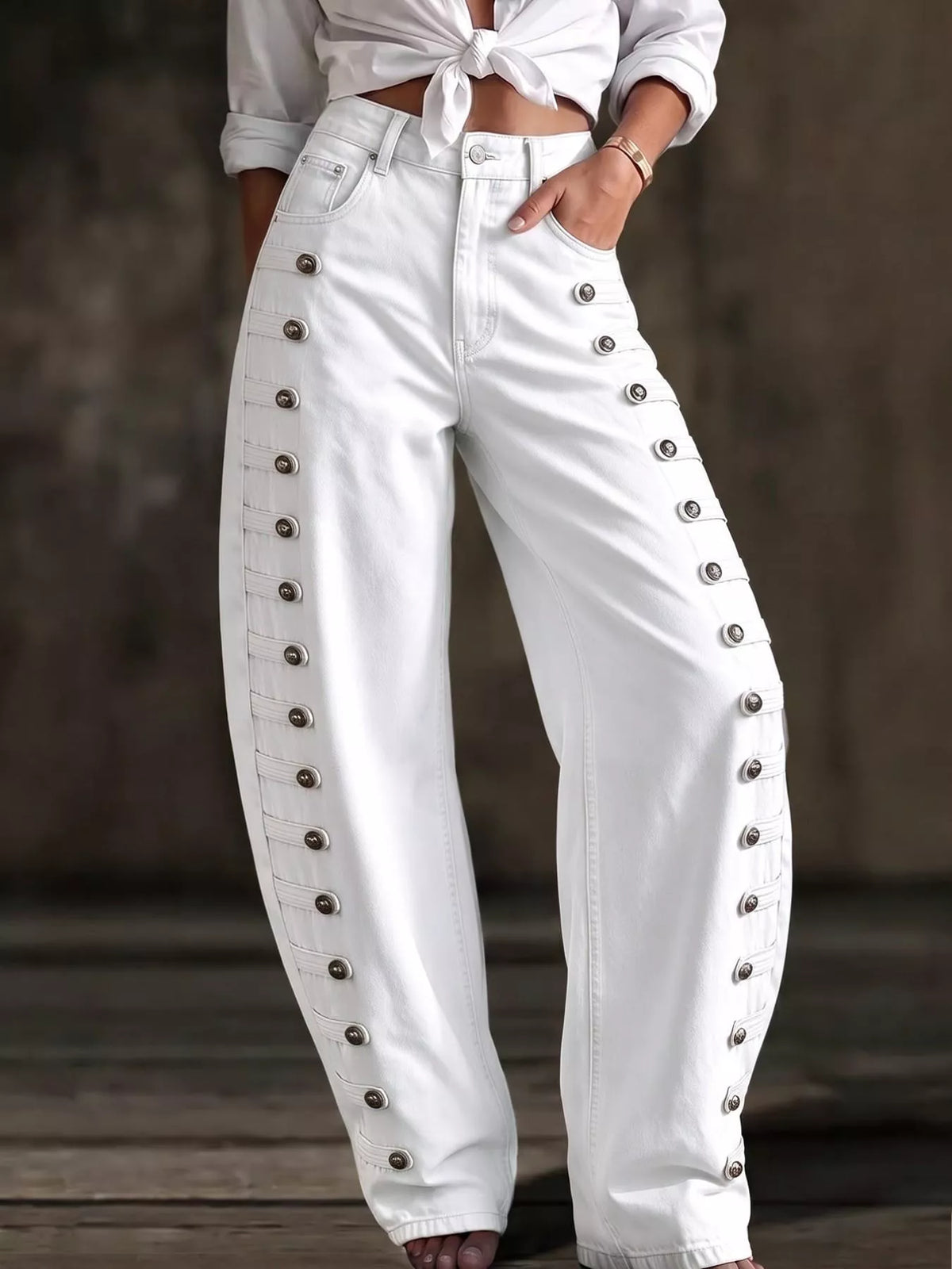 Decorative Button Wide Leg Jeans - White - View 12