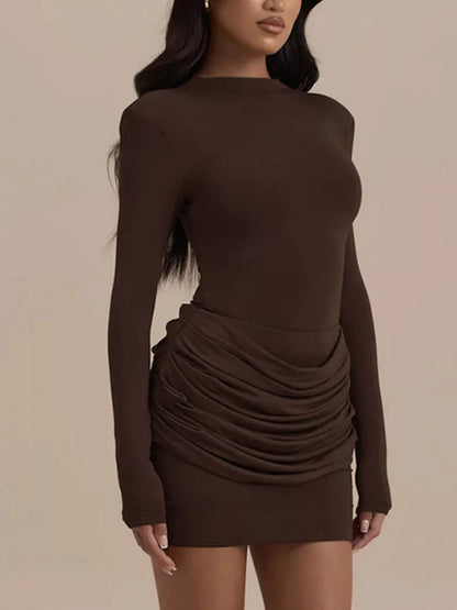 Mock Neck Ruched Bodycon Mini Dress - Coffee Brown - View 1