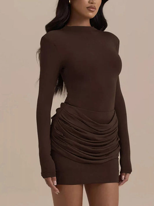 Mock Neck Ruched Bodycon Mini Dress - Coffee Brown - View 1
