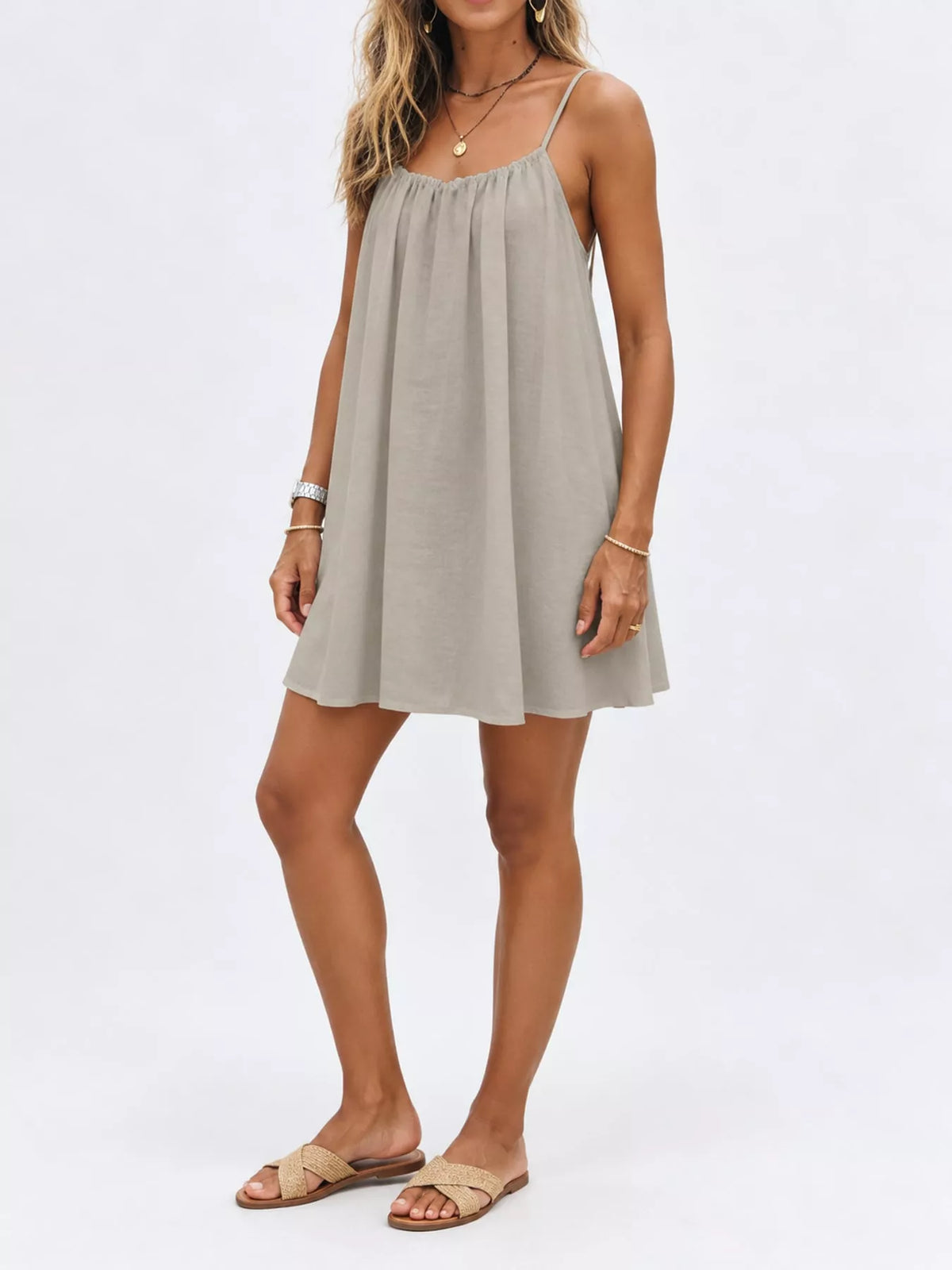 Full Size Backless Spaghetti Strap A-Line Mini Dress Plus Size - Khaki-Style C - View 97