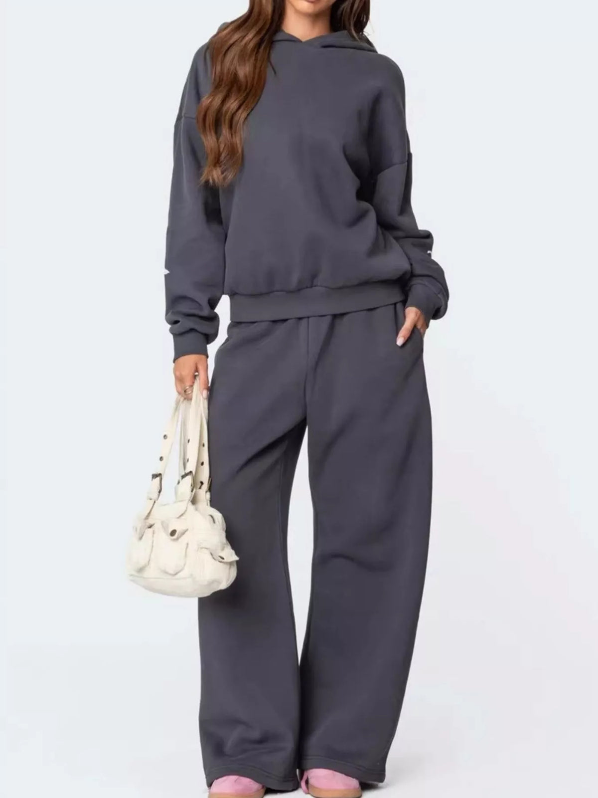 Bow and Heart Dropped Shoulder Hoodie and Pants Set - Grey - View 2