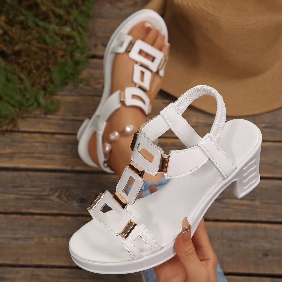 Open Toe Block Heels Sandals - White - View 7