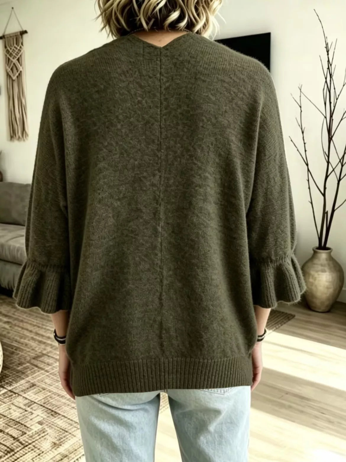 Full Size Ruffle Sleeve Open-Front Cardigan Plus Size - Army Green - View 9
