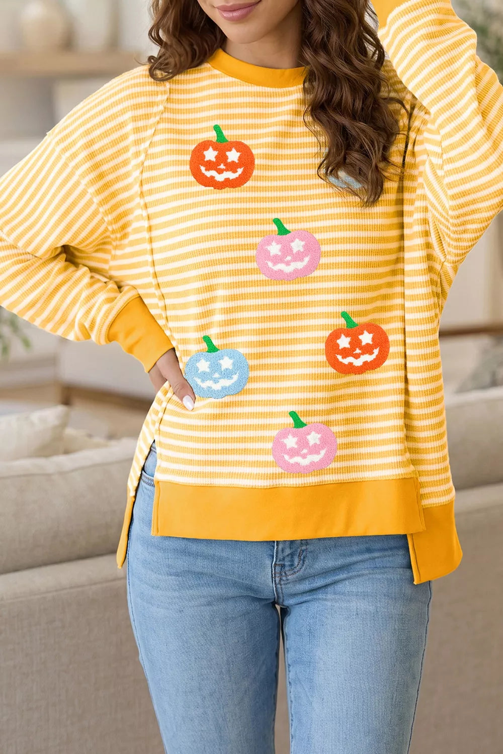 Stripe Halloween Pumpkin Face Waffle Knit Pullover Loose Top with Slits - Gold - View 1