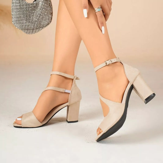 Peep Toe Block Heels Sandals - Off-white - View 2
