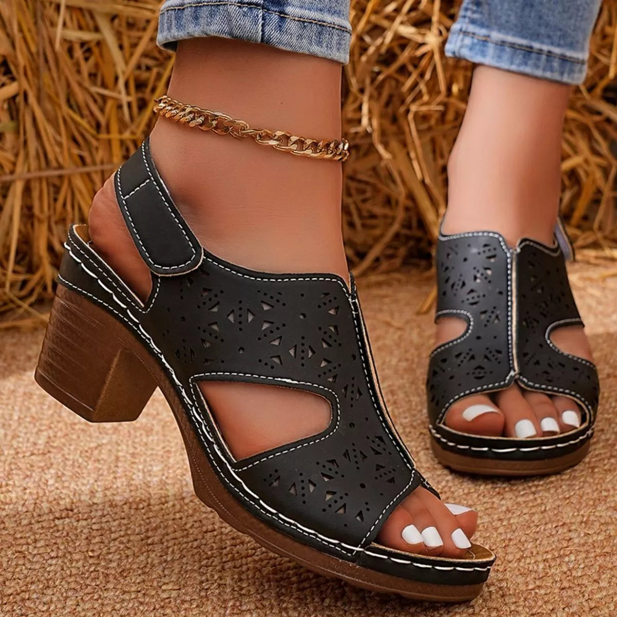 Open Toe Block Heels Sandals - Black - View 10