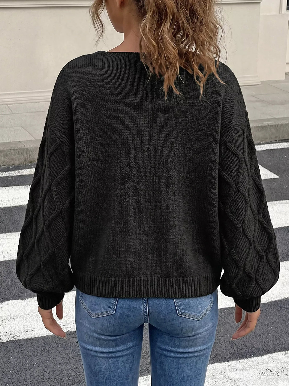 Snowflake Textured V-Neck Sweater - Black - View 4