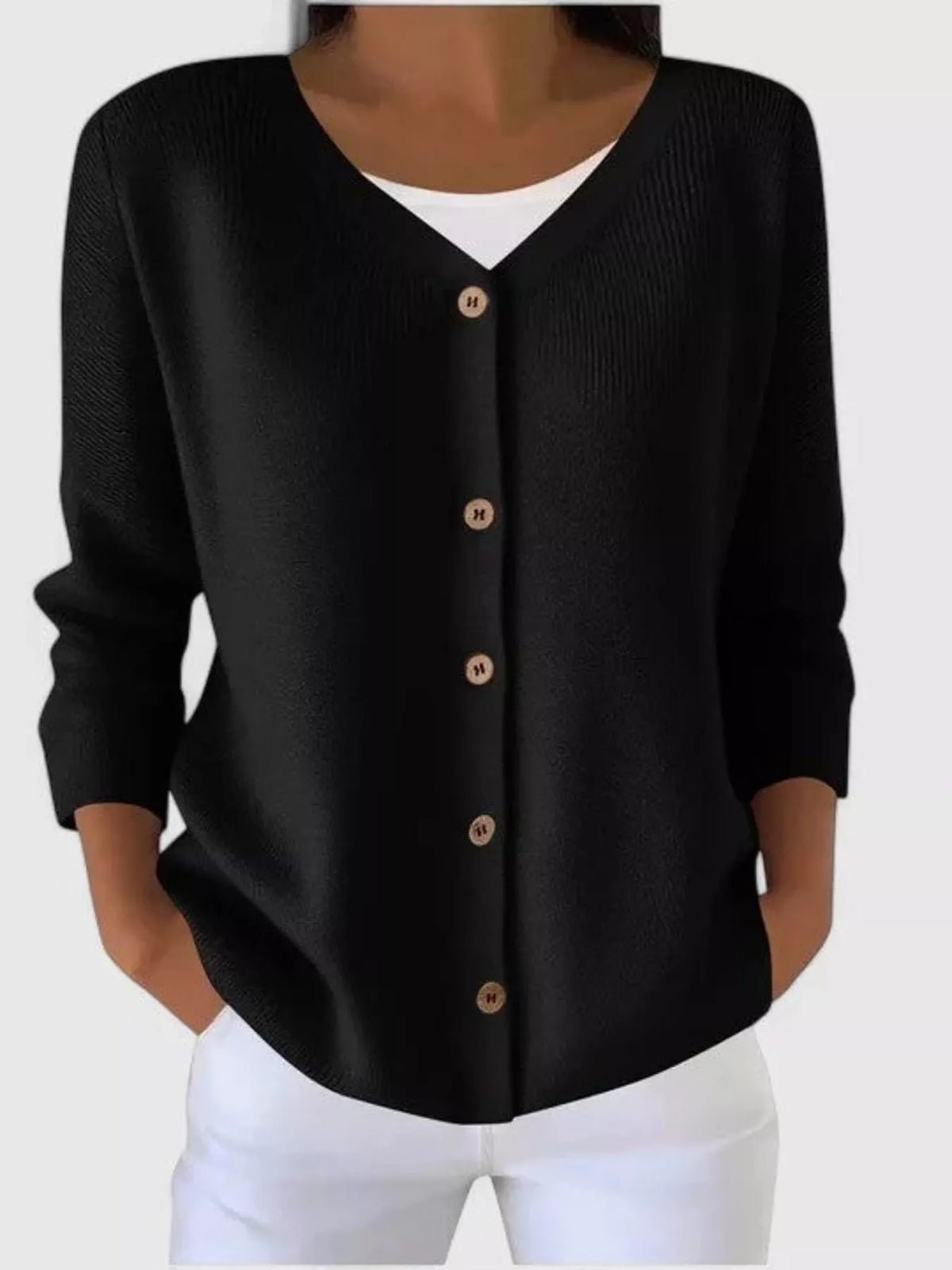 V-Neck Button-Down Ribbed Knit Cardigan - Black - View 1