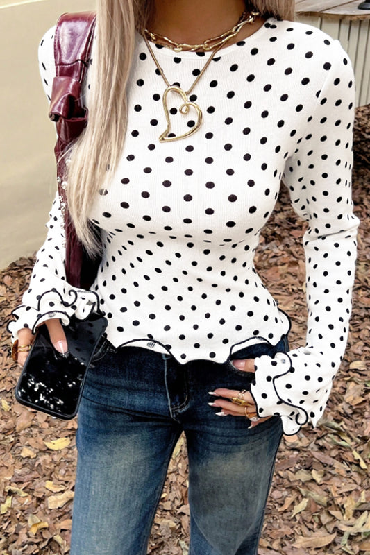 Black Polka Dot Print Lettuce Trim Long Sleeve Top - Black - 2