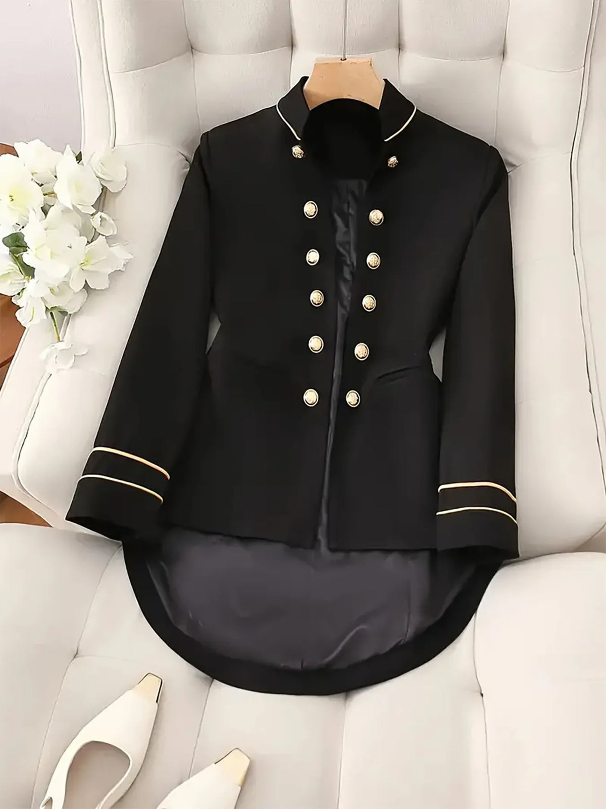 Decorative Button High-Low Blazer with Cuff Trim - Black - View 2