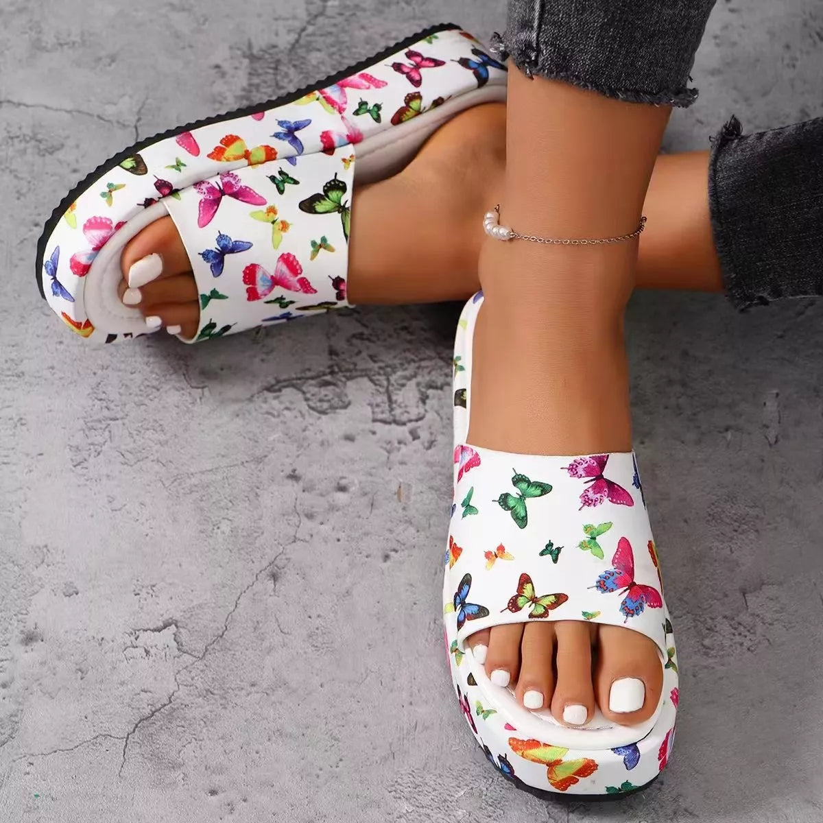 Butterfly Print Platform Sandals - White - View 1