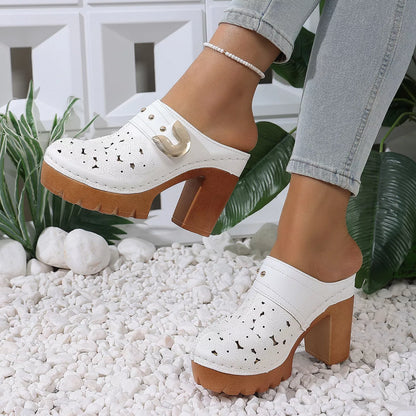 Round Toe Block Heels Sandals - White - View 2