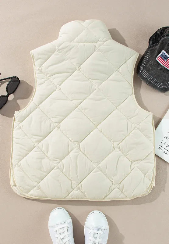 Snap Down Texture Vest Coat with Pockets - Ivory - View 7