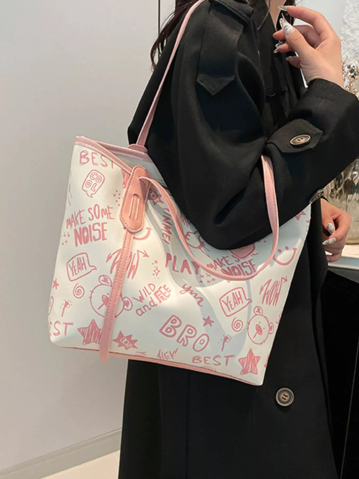 Graffiti Print Casual Tote Bag - Pink - View 11