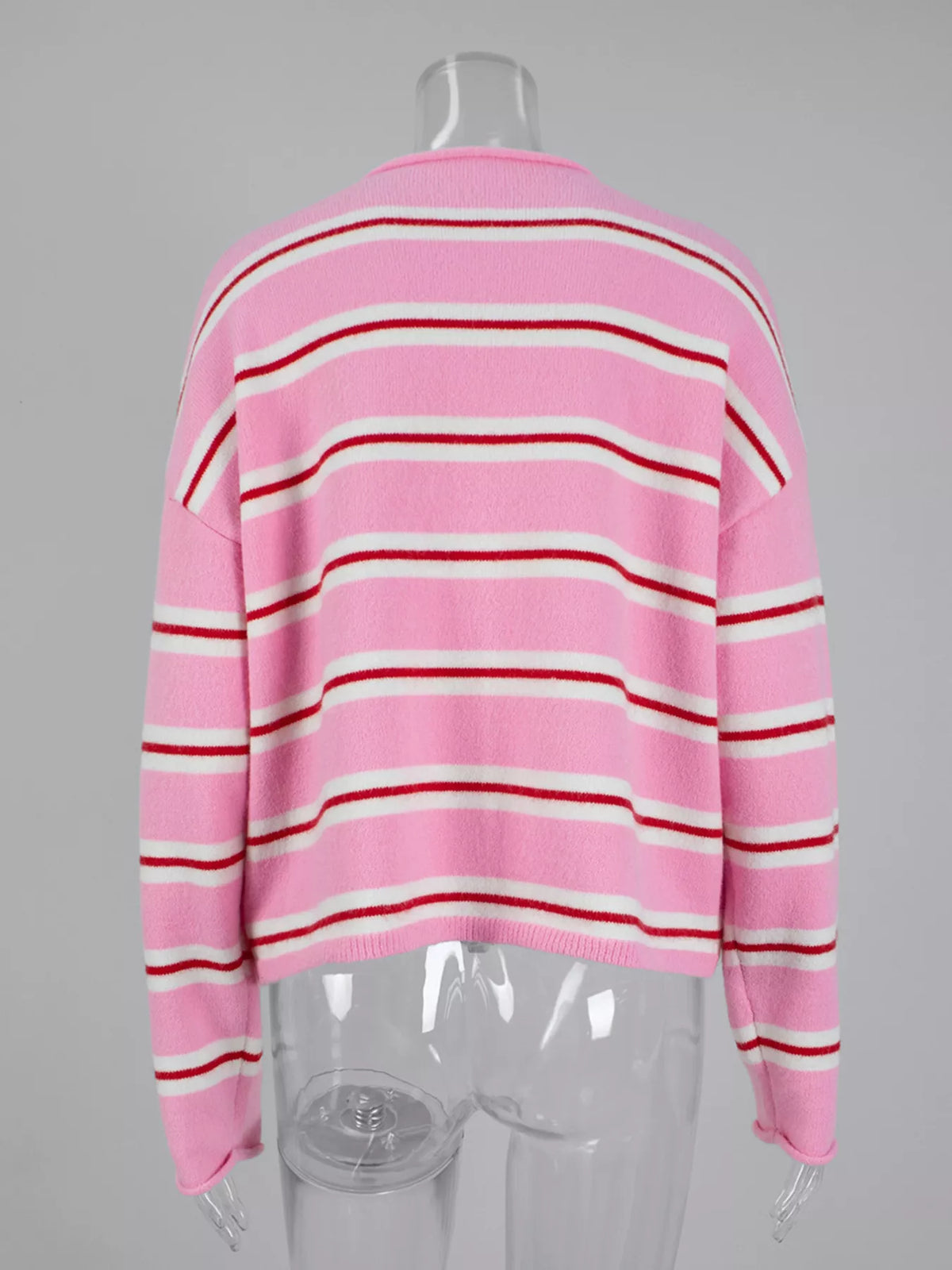 Striped Button-Down Knit Cardigan - Fuchsia Pink - View 7