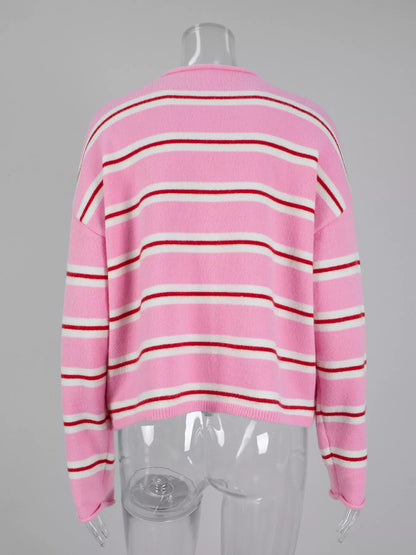 Striped Button-Down Knit Cardigan - Fuchsia Pink - View 7
