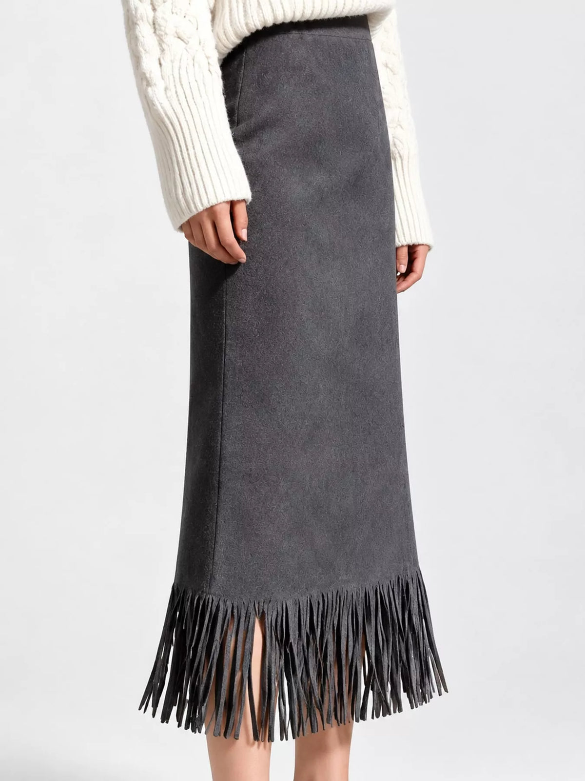 High-Waisted Fringe Midi Skirt - Dark Gray - View 16