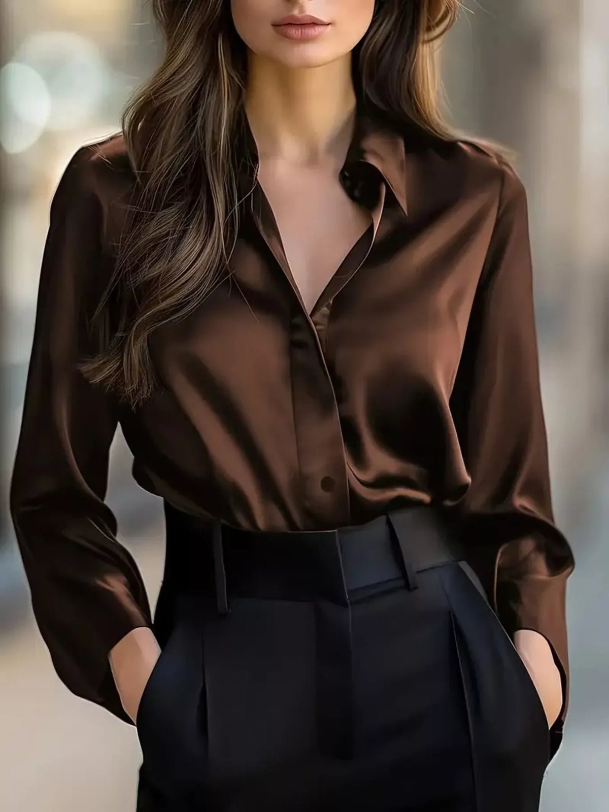 Button Down Collared Neck Long Sleeve Shirt - Coffee Brown - View 7