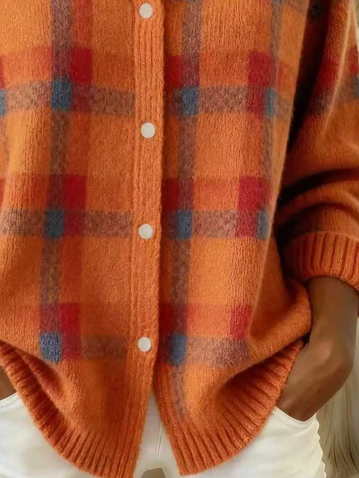 Full Size Plaid Button-Down Knit Cardigan Plus Size - Orange - View 15