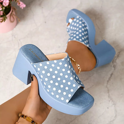 Open Toe Block Heels Sandals - Denim Color - View 5