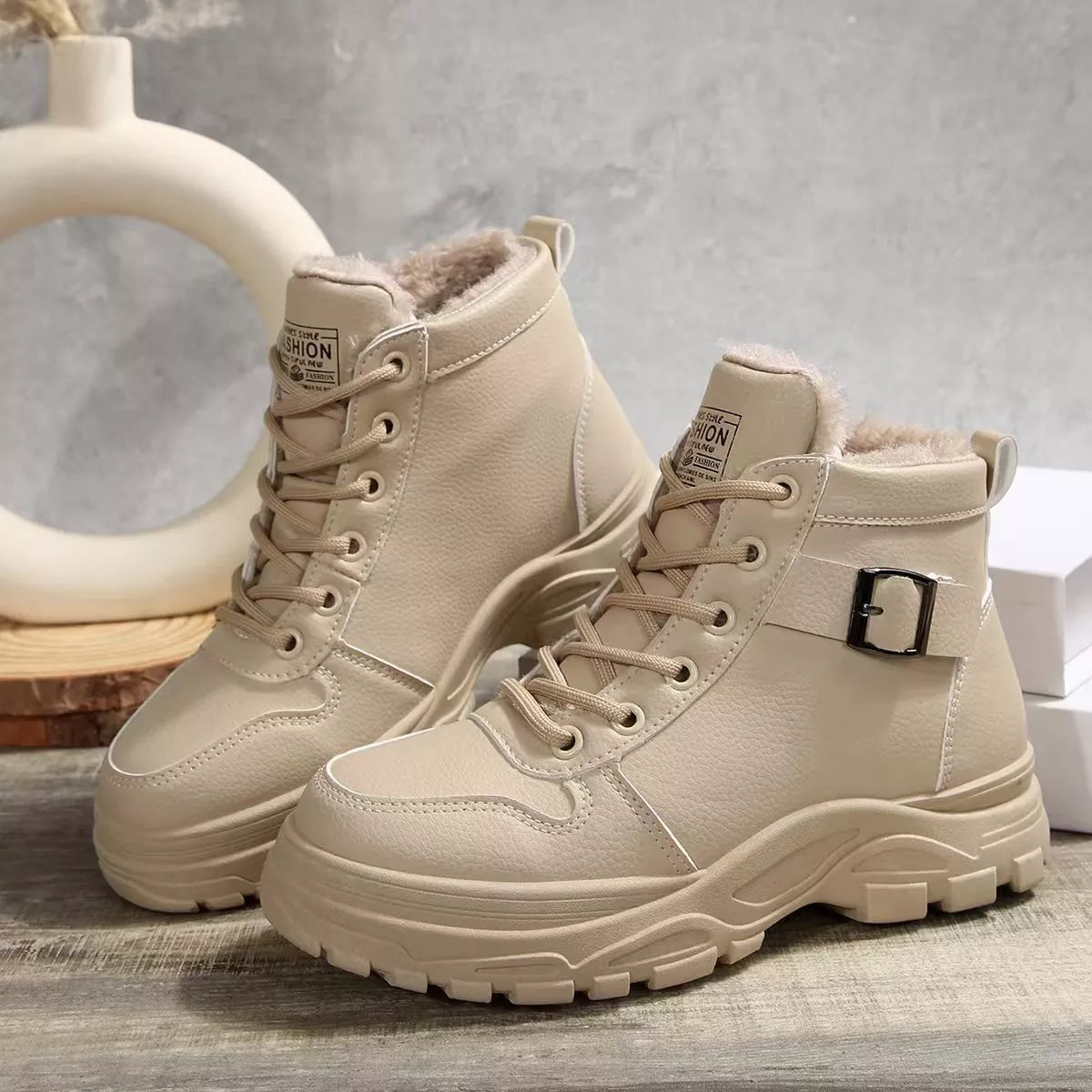 Lace-Up Ankle Boots with Buckle Detail - Khaki - View 2