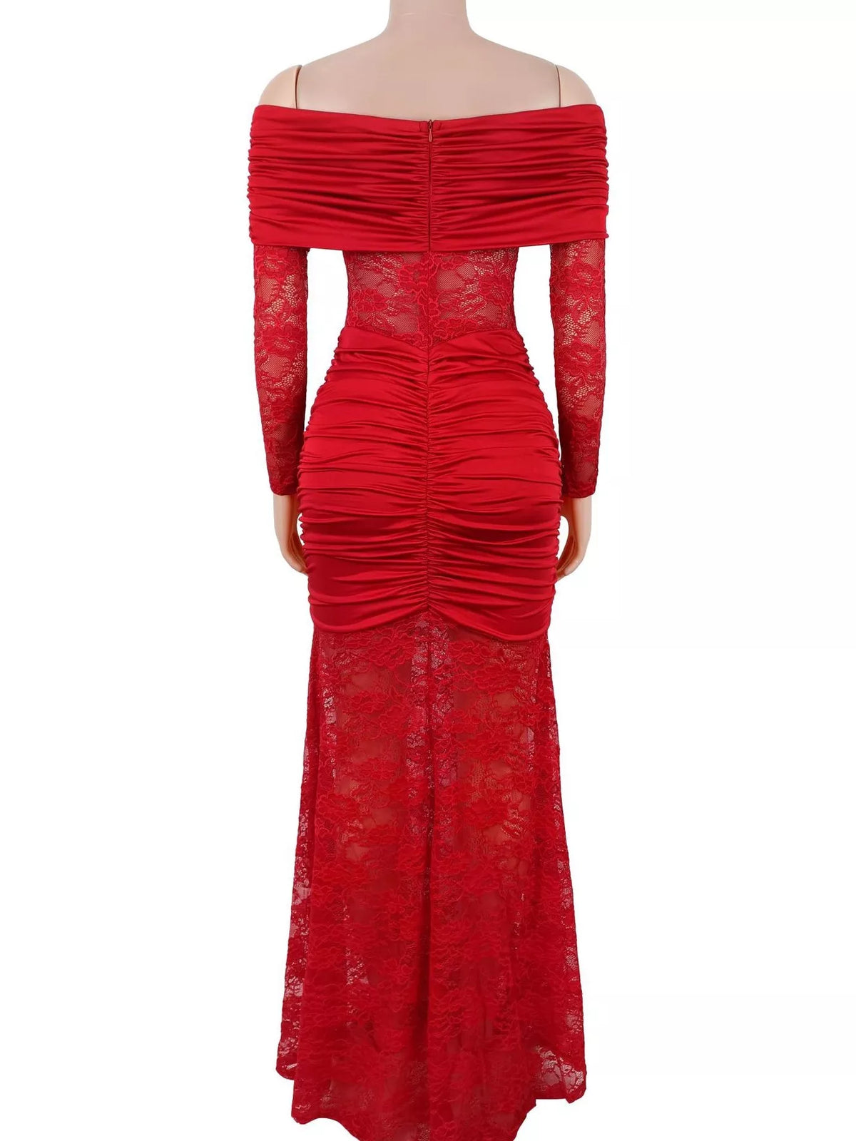 Off-Shoulder Ruched Lace Mermaid Maxi Dress - Red - View 5