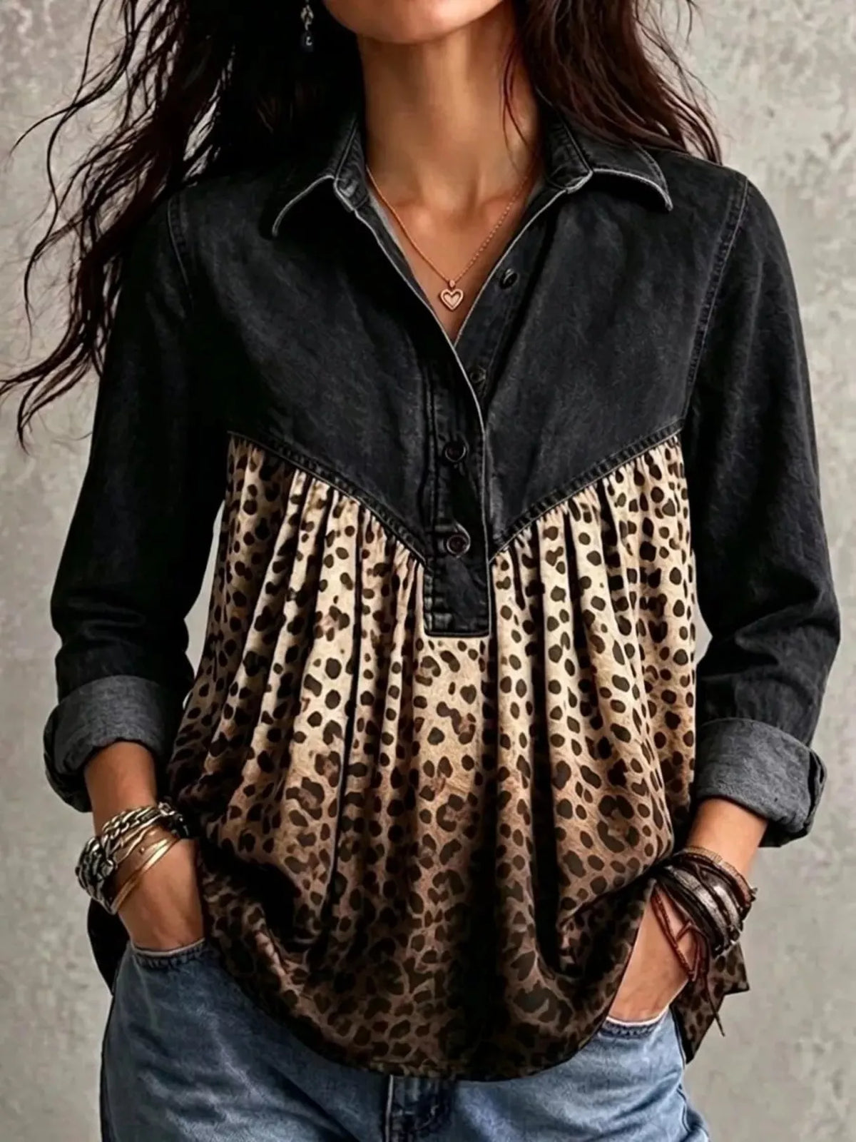 Full Size Leopard Button Detail Blouse Plus Size - Black - View 1