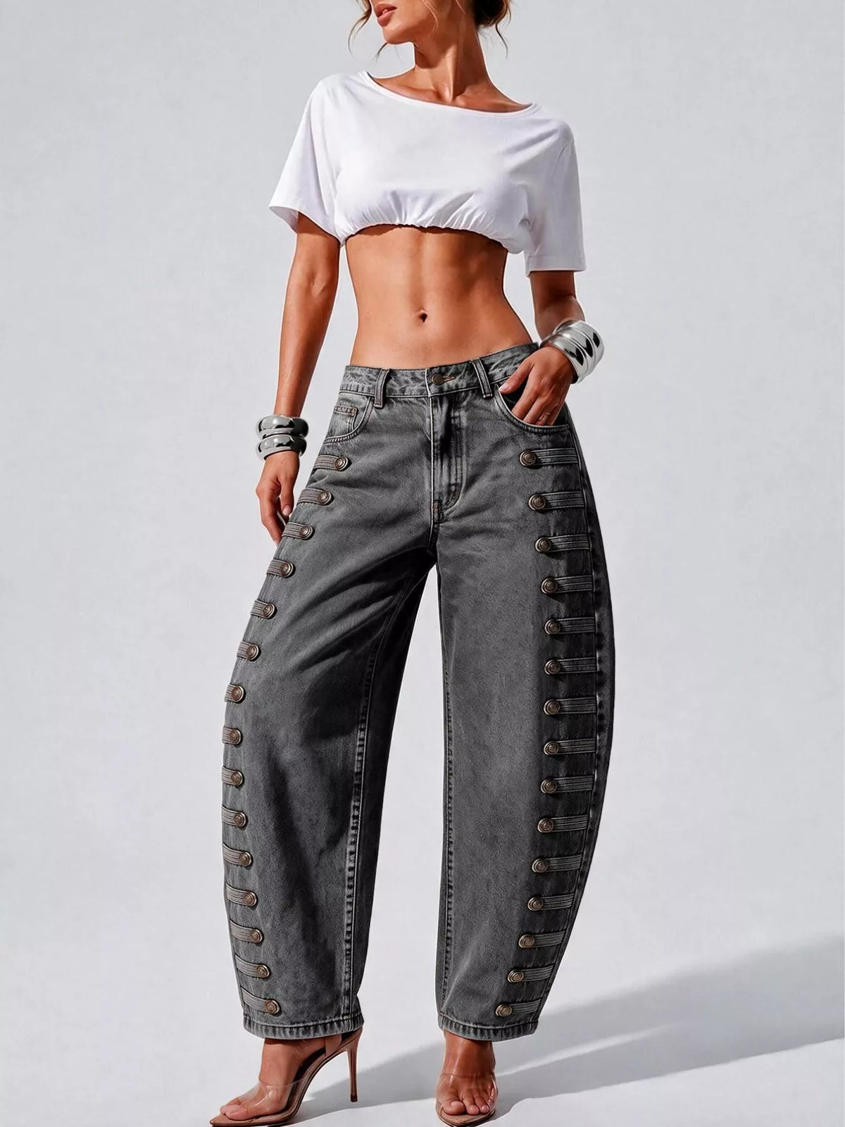 Decorative Button Wide Leg Jeans - Dark Gray - View 33