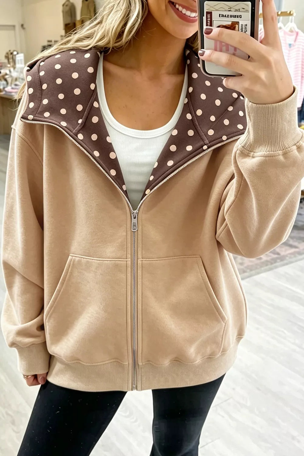 Polka Dot Zip-Up Hoodie - Camel - View 1
