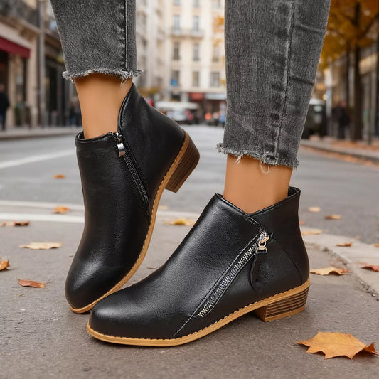 Size Zipper Block Heels Boots - Black - View 1