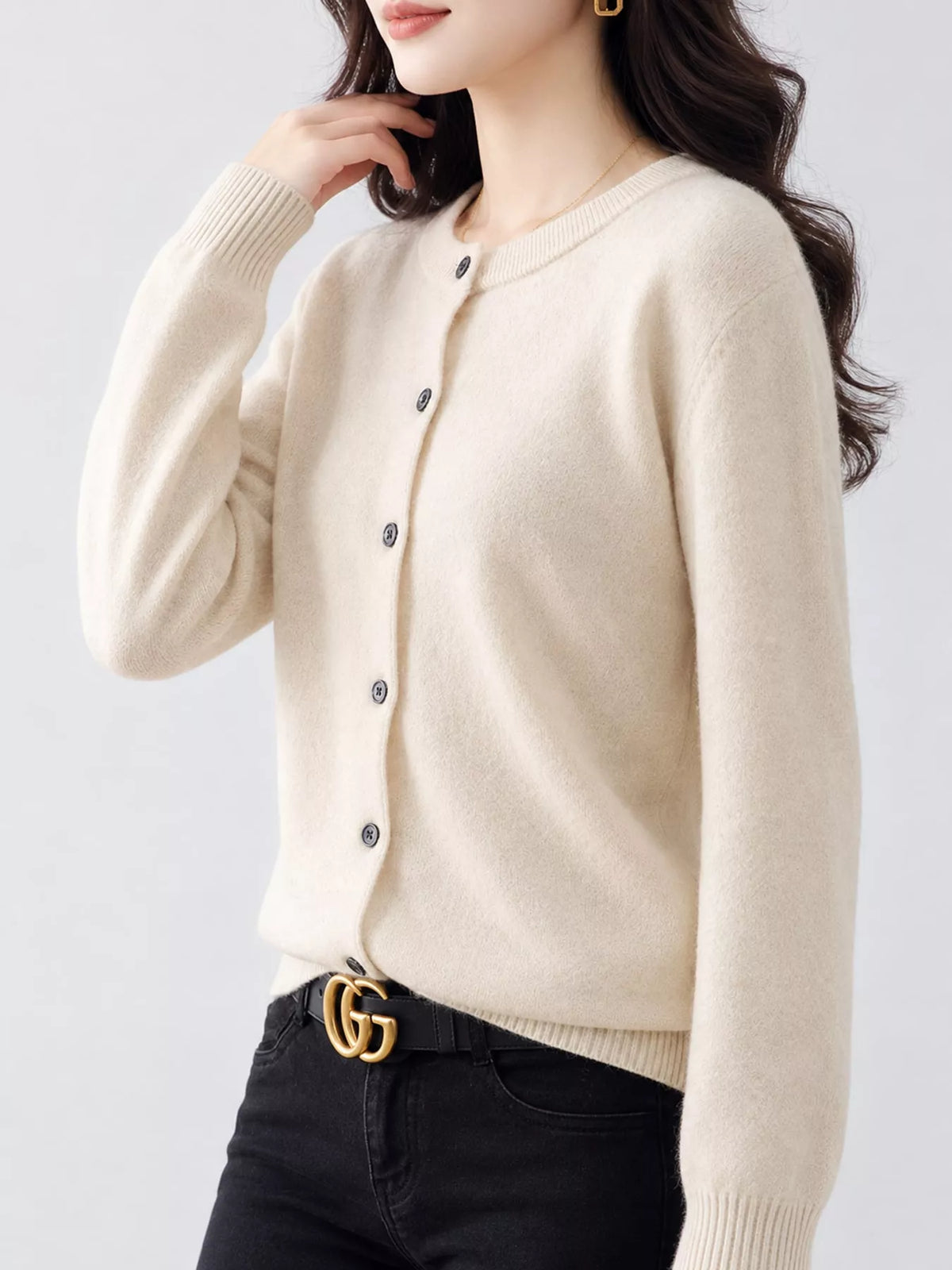 Crew-Neck Button-Down Cardigan - Beige - View 2