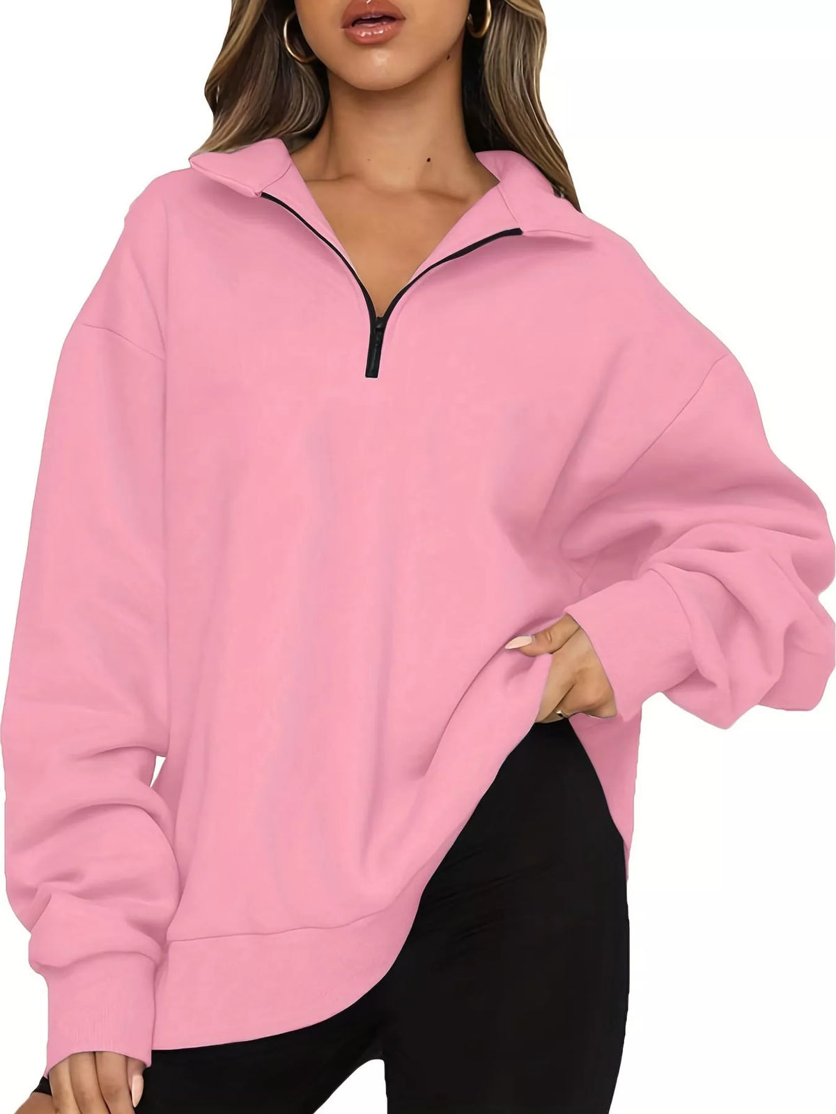 Full Size Quarter-Zip Dropped Shoulder Sweatshirt Plus Size - Pink - View 10
