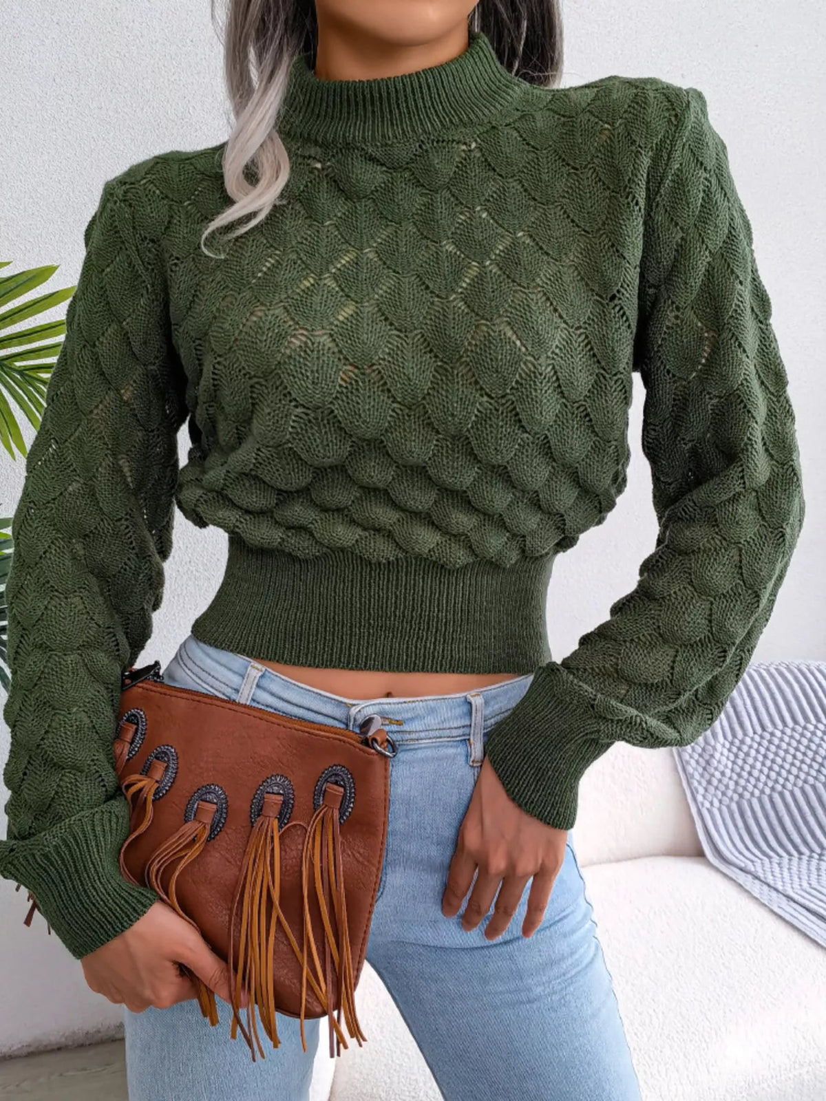 Mock Neck Textured Cropped Sweater - Dark Green - View 3
