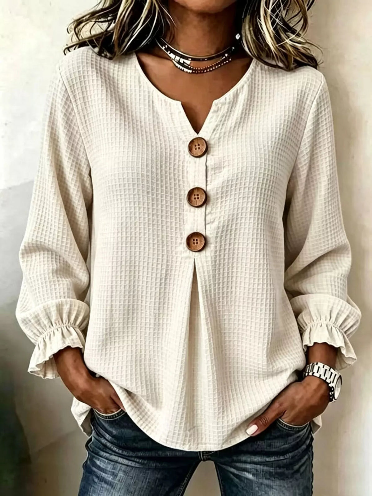 Waffle Knit Long Sleeve Top - Beige - View 5