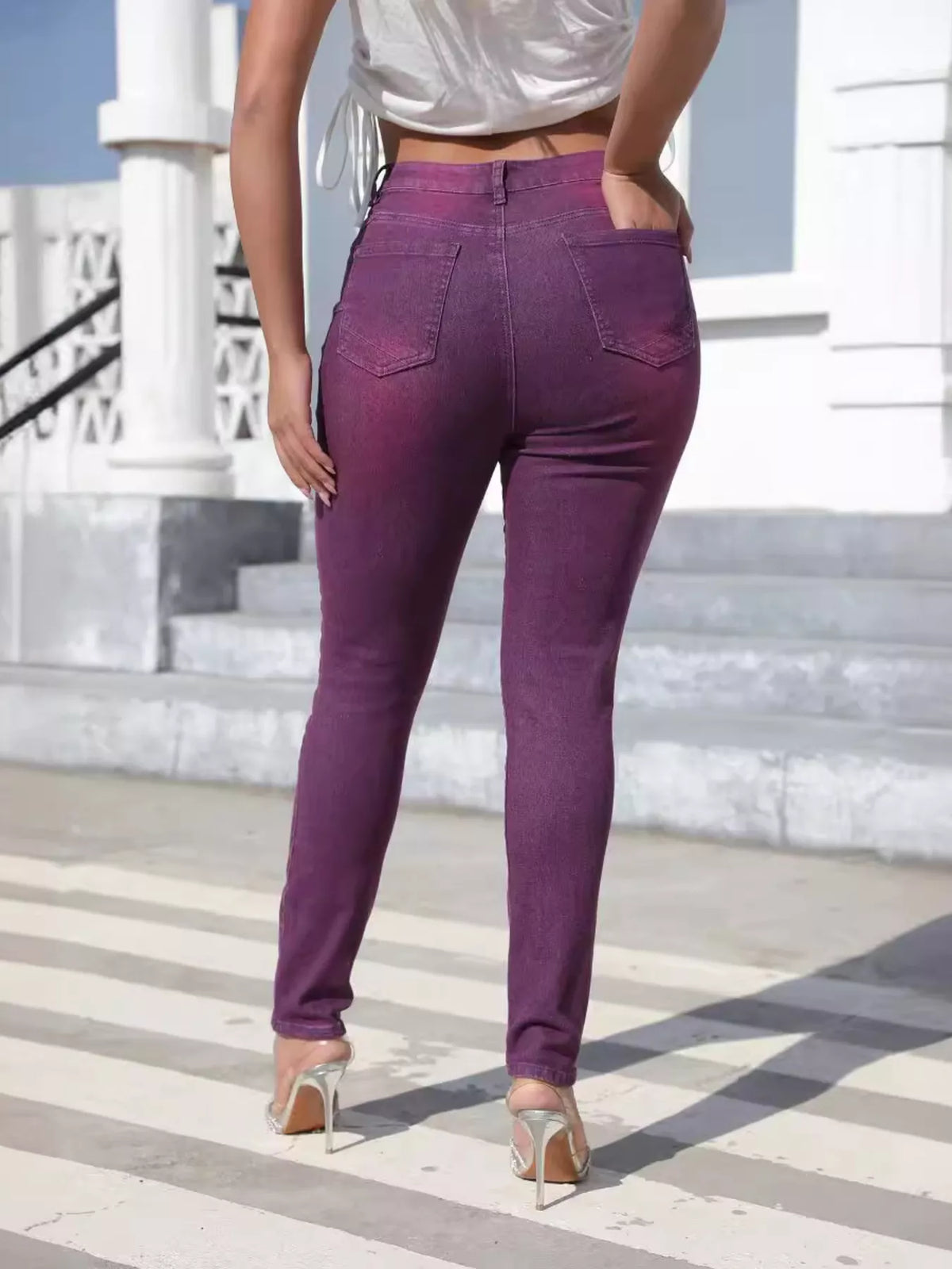 High-Waisted Slim-Fit Jeans - Purple - View 4