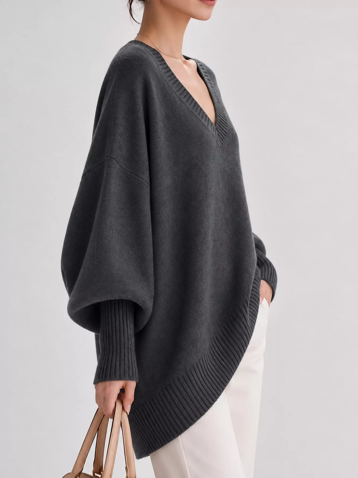 Full Size V-Neck Oversized Batwing Sleeve Sweater Plus Size - Dark Gray - View 26
