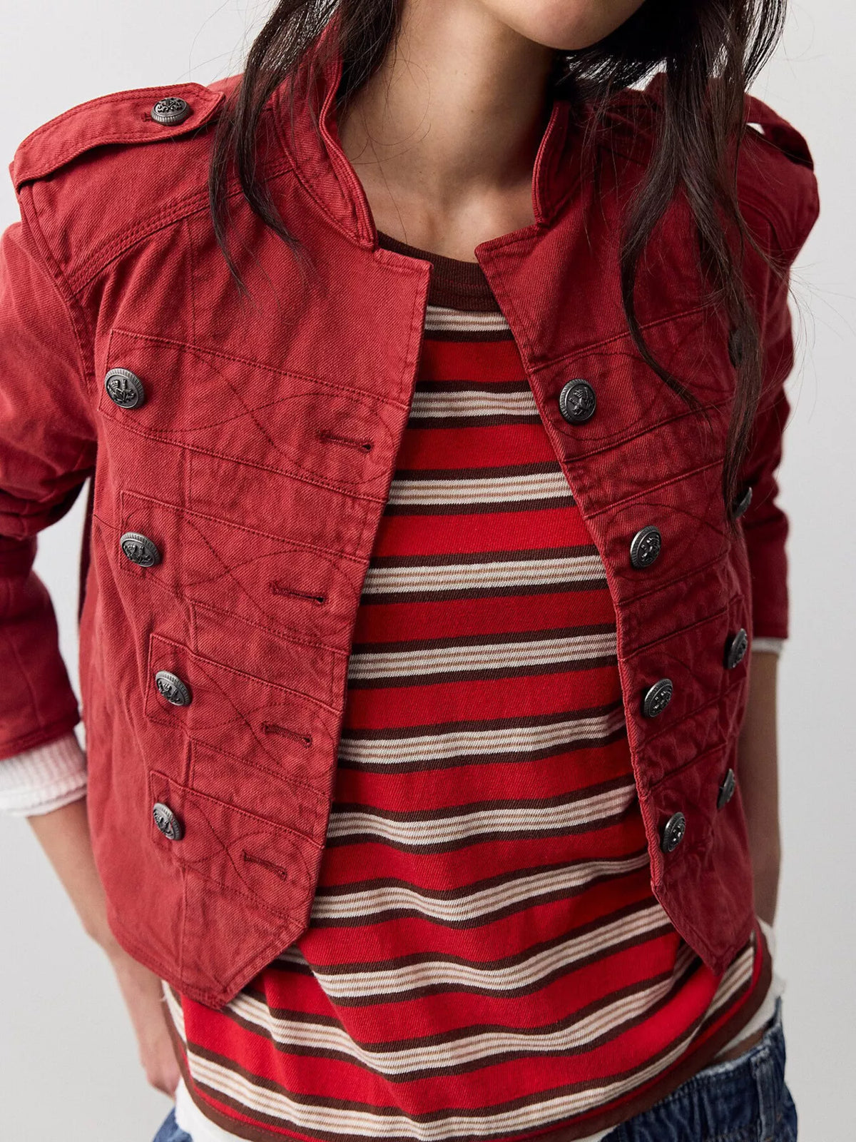 Decorative Button Cropped Jacket - Red - View 2